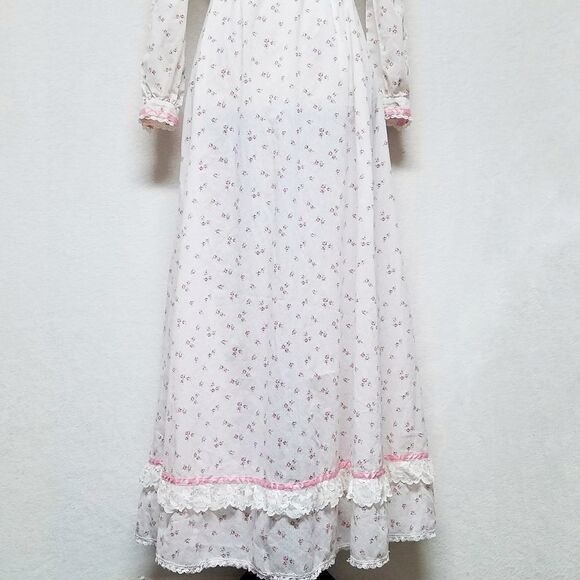 Vintage 1970s Pink Floral Lace Lattice Ribbon Bustier Antebellum Maxi Dress - Picture 12 of 16